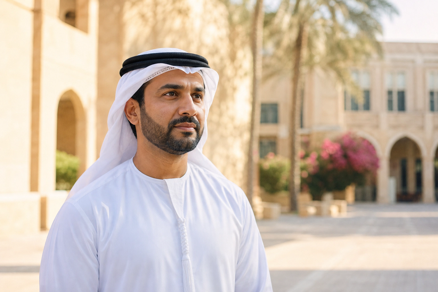 Illustrative portrait of a Gulf institutional professional in a university courtyard.
